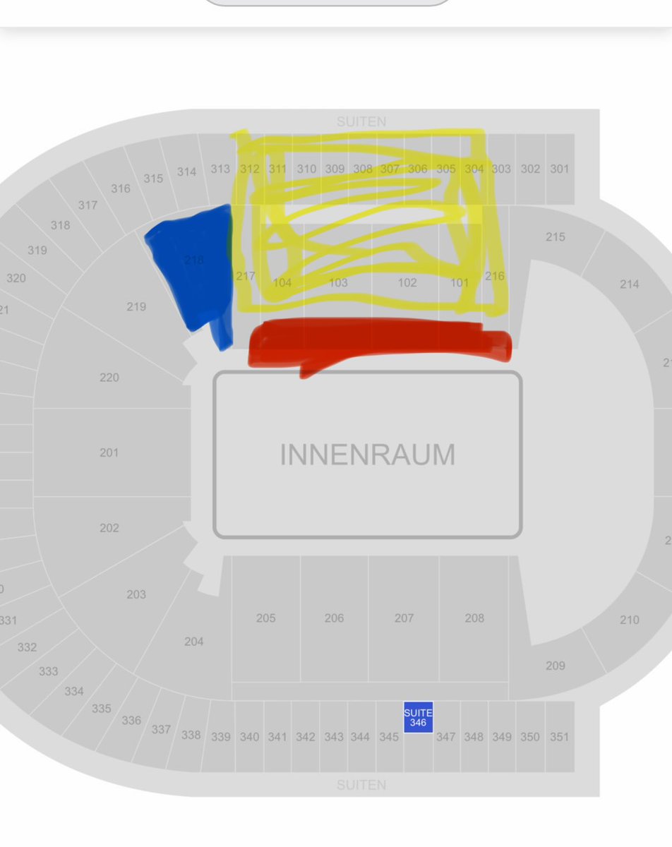 DerTaker_'s tweet photo. @TheTacoFalcon @OsheaJacksonJr Red is the TV spot.

The blue block was completely closed, and the yellow area behind the TV included expensive boxes for companies, etc. There weren't really any normal fans there. 

Some matches were quiet, that's true. But all in all, the atmosphere was generally good. 
(1/2) https://t.co/Btn3XApJr6