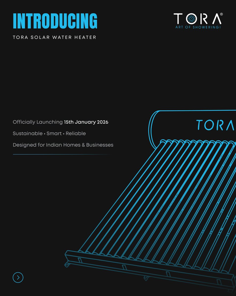 TilvaJimmy's tweet photo. TORA launches 15 Jan 2026. Solar water heating that’s sustainable, smart and reliable — made for India. Stay tuned. ☀️🚿 #SolarWaterHeater #TORA https://t.co/ZuYgu5NNIH