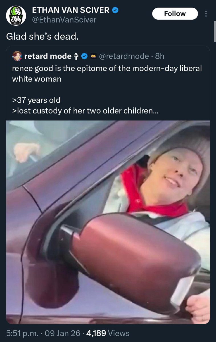 Alfred_Orteez's tweet photo. Disgraced former comicbook artist, Ethan Van Sciver. Calls himself a Christian, but celebrates the death of a mother π€
Not simply justifying the agent's actions, but, "I'm glad she's dead"
#AllCapsComics #Comicsgate https://t.co/KSMhg3gBiR