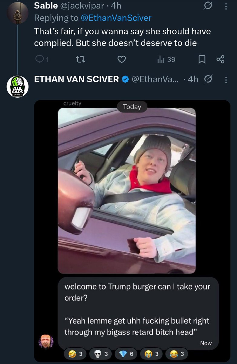Alfred_Orteez's tweet photo. Disgraced former comicbook artist, Ethan Van Sciver. Calls himself a Christian, but celebrates the death of a mother π€
Not simply justifying the agent's actions, but, "I'm glad she's dead"
#AllCapsComics #Comicsgate https://t.co/KSMhg3gBiR