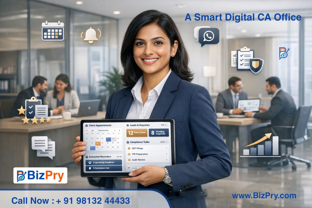BizPry's tweet photo. Still running your CA practice manually?

Upgrade to a Smart Digital CA Office with BizPry 🚀

✔ Leads
✔ Tasks
✔ Deadlines
✔ WhatsApp Automation
📞 +91 98132 44433 | 🌐 https://t.co/pF0NV9tXQq

#CharteredAccountant #CAIndia #DigitalCA #TaxConsultant #BizPry #Automation #GST https://t.co/F4RlSLaNk0