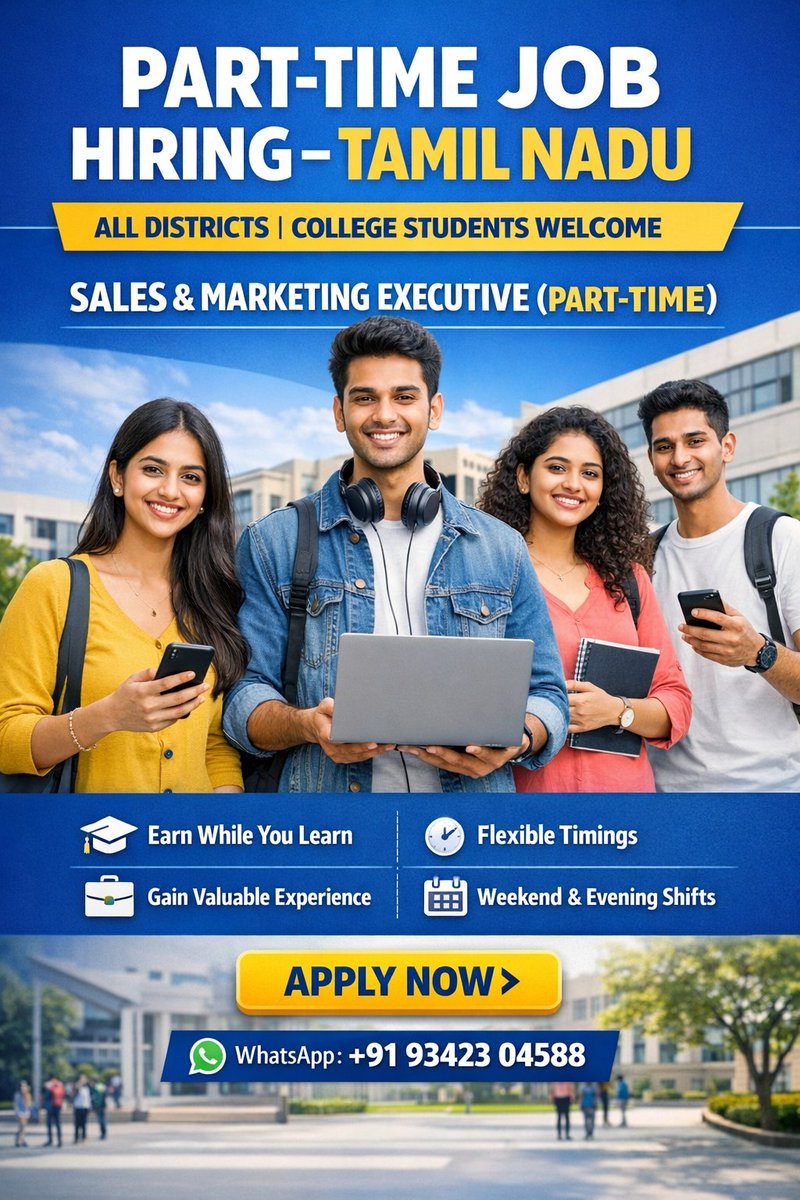 Indiaflyers's tweet photo. We are looking for a Part-Time sales &amp; marketing Executive to support our daily operations. This role is ideal for students, freshers, or individuals seeking flexible working hours. please contact 93423 04588 https://t.co/STvZUfumFd