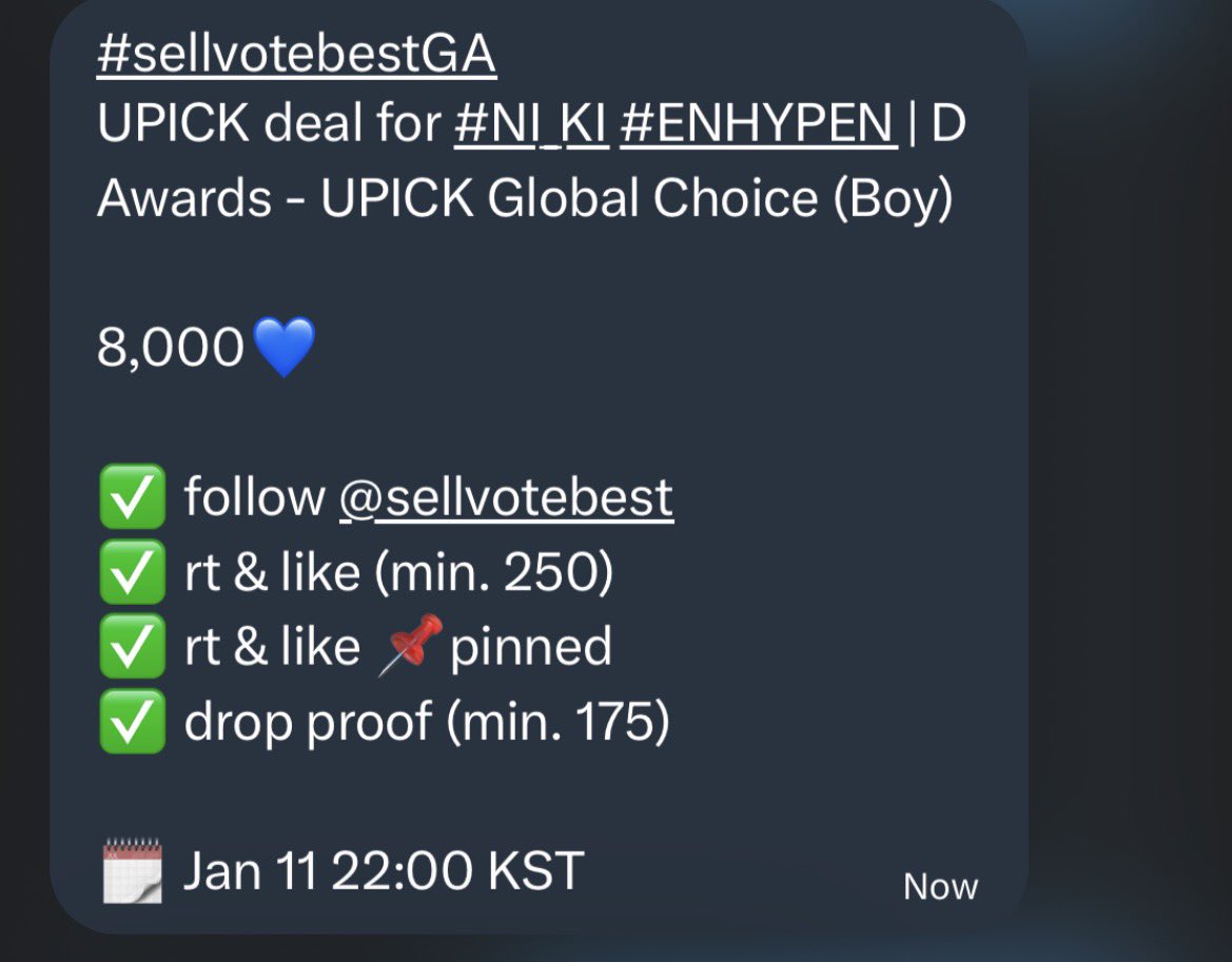 wonkives_'s tweet photo. #sellvotebestGA
UPICK deal for #NI_KI #ENHYPEN | D Awards - UPICK Global Choice (Boy)

8,000💙

✅ follow @sellvotebest  
✅ rt &amp; like (min. 250)
✅ rt &amp; like 📌pinned
✅ drop proof (min. 175)

🗓️ Jan 11 22:00 KST https://t.co/BLYJNrp572