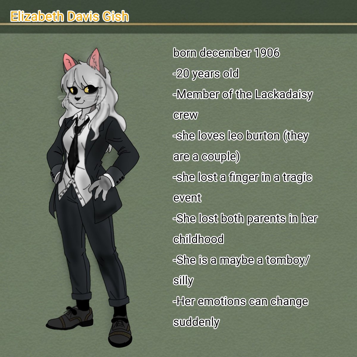 Meet elizabeth my second lackadaisy oc🌟✨this draw took me a whole week i hope it was worth it😭
(also my other oc leo might have a redesign to fit it with my new artstyle)
#lackadaisyoc
#lackadaisy