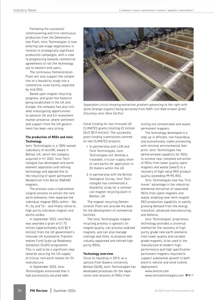 Metal Powder Technology Magazine Coverage of IXR and Ionic Technologies

metal-powder.tech/wp-content/upl…

Article Published in April 2024

"Ionic Rare Earths launches full-scale production of recycled magnet rare earth oxides at Belfast facility"

​This  article, published on April 23,