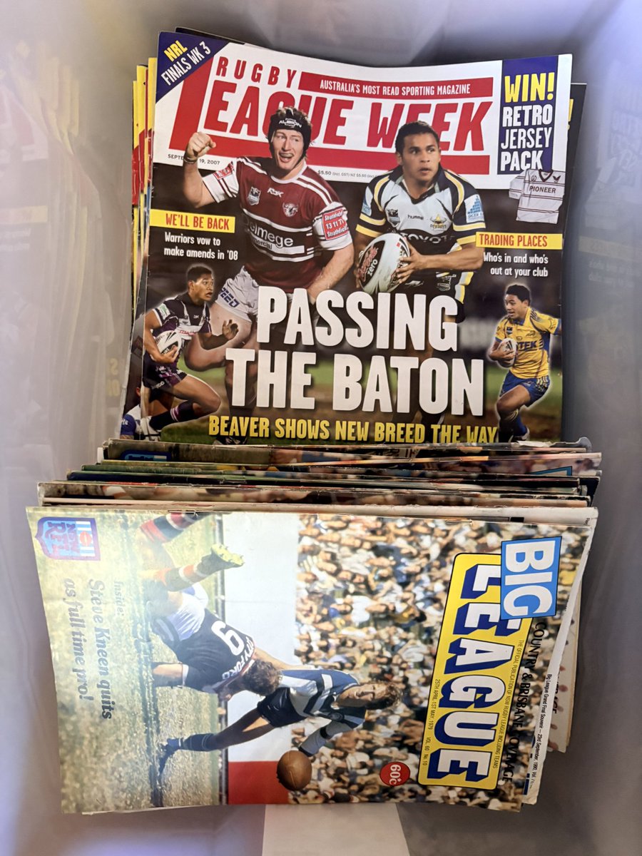 My dad’s garage finds: He seems to have every volume of Rugby league week, Big League, Rugby League Life from first to last editions. Also <a href="/RaidersCanberra/">Canberra Raiders</a> newletters. The photos are just a handful #NRL #rugbyleague