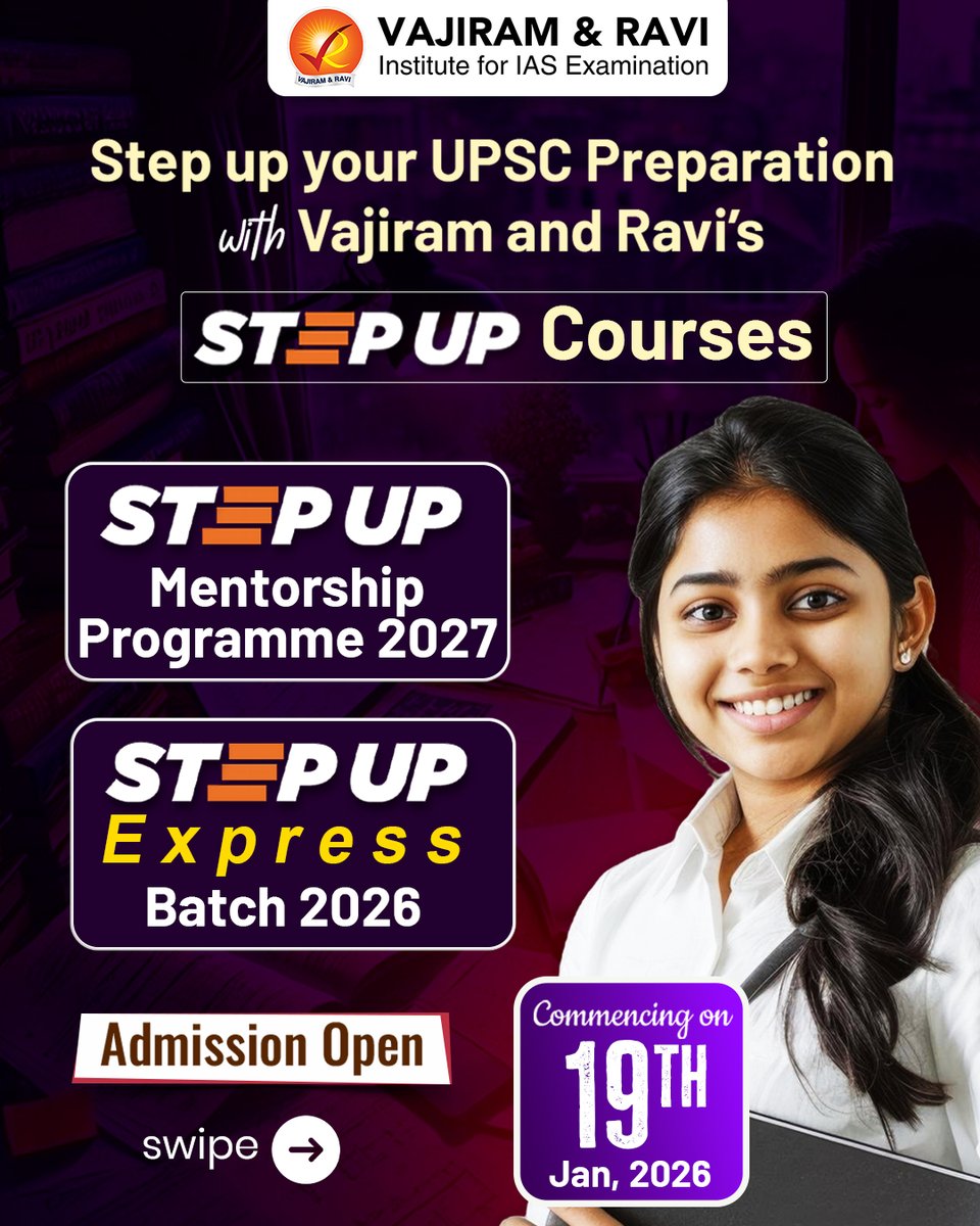 VajiramRavi's tweet photo. Aiming for UPSC 2026 or 2027 ?
Step up your preparation with our StepUp courses.
To know more: https://t.co/xR5f4FsHue

 #UPSCPreparation #IASExam #StepUpCourses #VajiramAndRavi #UPSC2026 #UPSC2027 #MentorshipProgramme #ExpressBatch #CivilServices #UPSCMotivation https://t.co/LSYHkRaAt4
