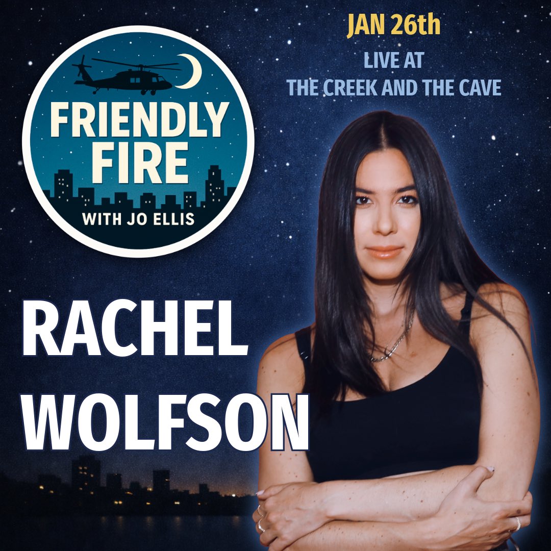JoEllisReally's tweet photo. Excited to announce Rachel Wolfson @rachelwolfson will be a guest on
Friendly Fire with Jo Ellis
Rachel is a standup comedian and actor, known for her work on stage and her appearance in #jackassforever
Friendly Fire is a live comedy talk show featuring standup, interviews, panel conversation, and audience questions โ recorded at The Creek and The Cave in Austin, TX @creekandcave
๐ Jan 26
โฐ 8PM
๐๏ธ Tickets available now - link in bio