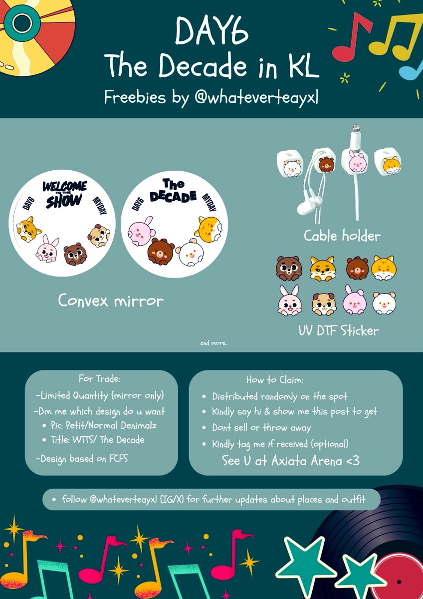 whateverteayxl's tweet photo. ･゜ﾟ･*:* The DECADE in KL freebies*:.*･゜ﾟ･
Hihi Here are my freebies🍀
🐻 Limited Quantity
🦊Like &amp; Retweet this post
🐰Only take if u like it（Dont throw&amp;sell）
🐶 Find me on venue TBA (*≧ω≦)

See u on 31/1 ʕ •ᴥ•ʔ
#TheDECADEinKL #DAY6inKL https://t.co/qFJZ8bN6CT