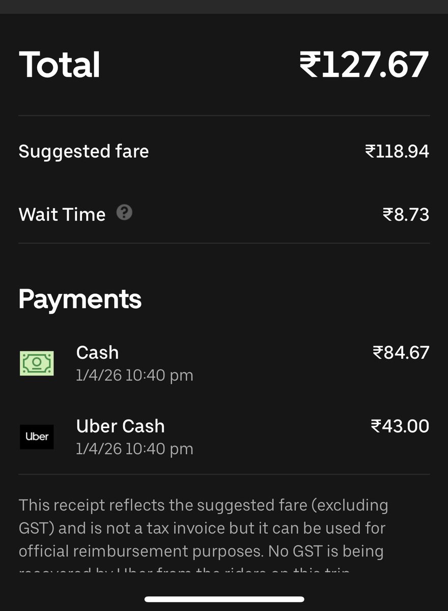 saxisam's tweet photo. @Uber_India @Uber_Support I recently used Uber courier. The trip amount was ₹127.67. I utilised my Uber Cash which was ₹43 &amp; thus I had to pay ₹84.67. But the Uber driver asked for more &amp; insisted on paying ₹118. I paid ₹161 for the trip (₹118 via UPI + ₹43 Uber Cash). https://t.co/HC4wzpuINc