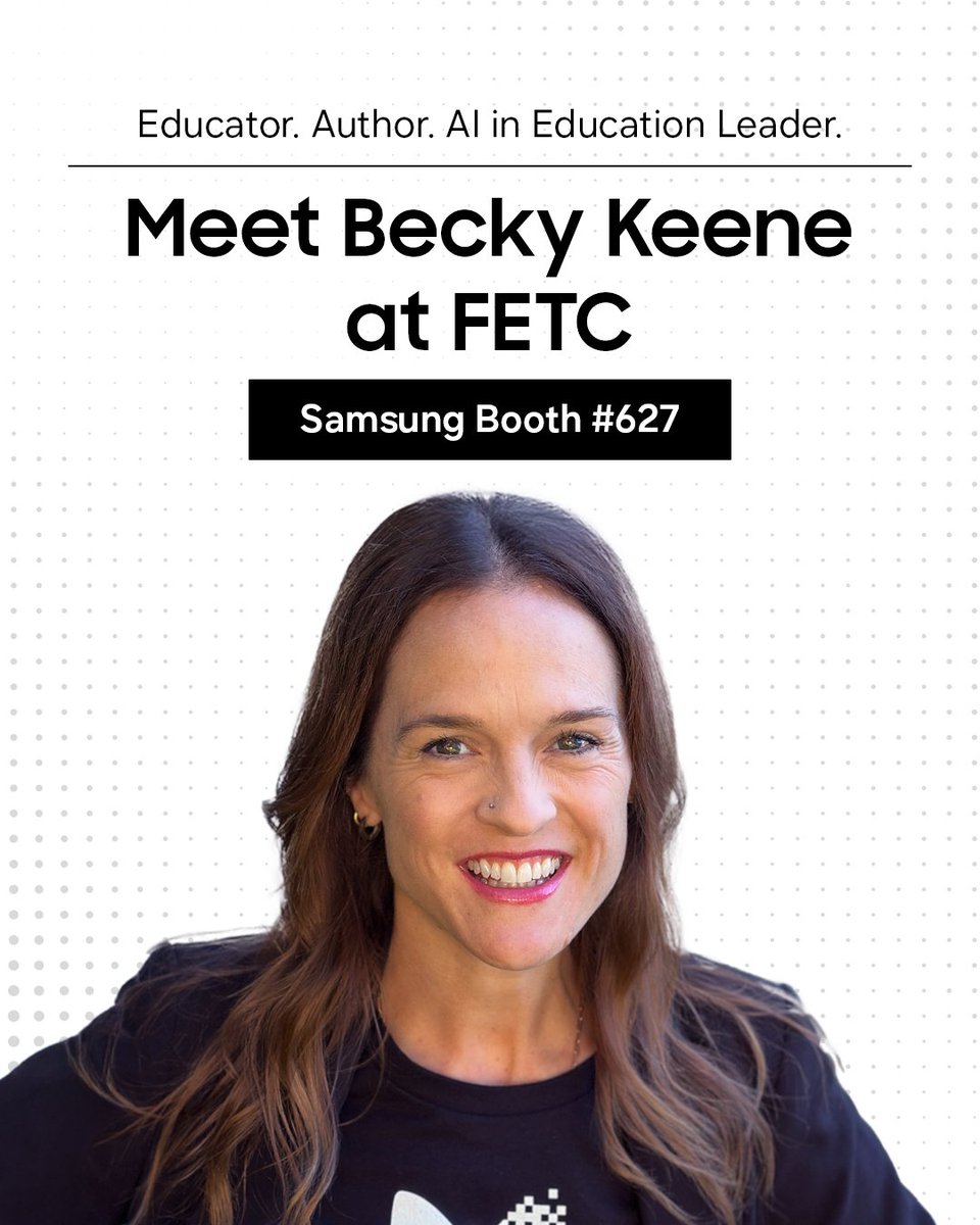 SamsungEDU's tweet photo. Meet: the AI conversation mover and shaker that educators actually want. @BeckyKeene &amp; others will be joining us at Samsung Booth #627 for live sessions on the future of AI in education: grounded, practical, and built for today’s classrooms.

📅 Jan 12-13
👉 Swipe for the details https://t.co/4CfmBmpCTP