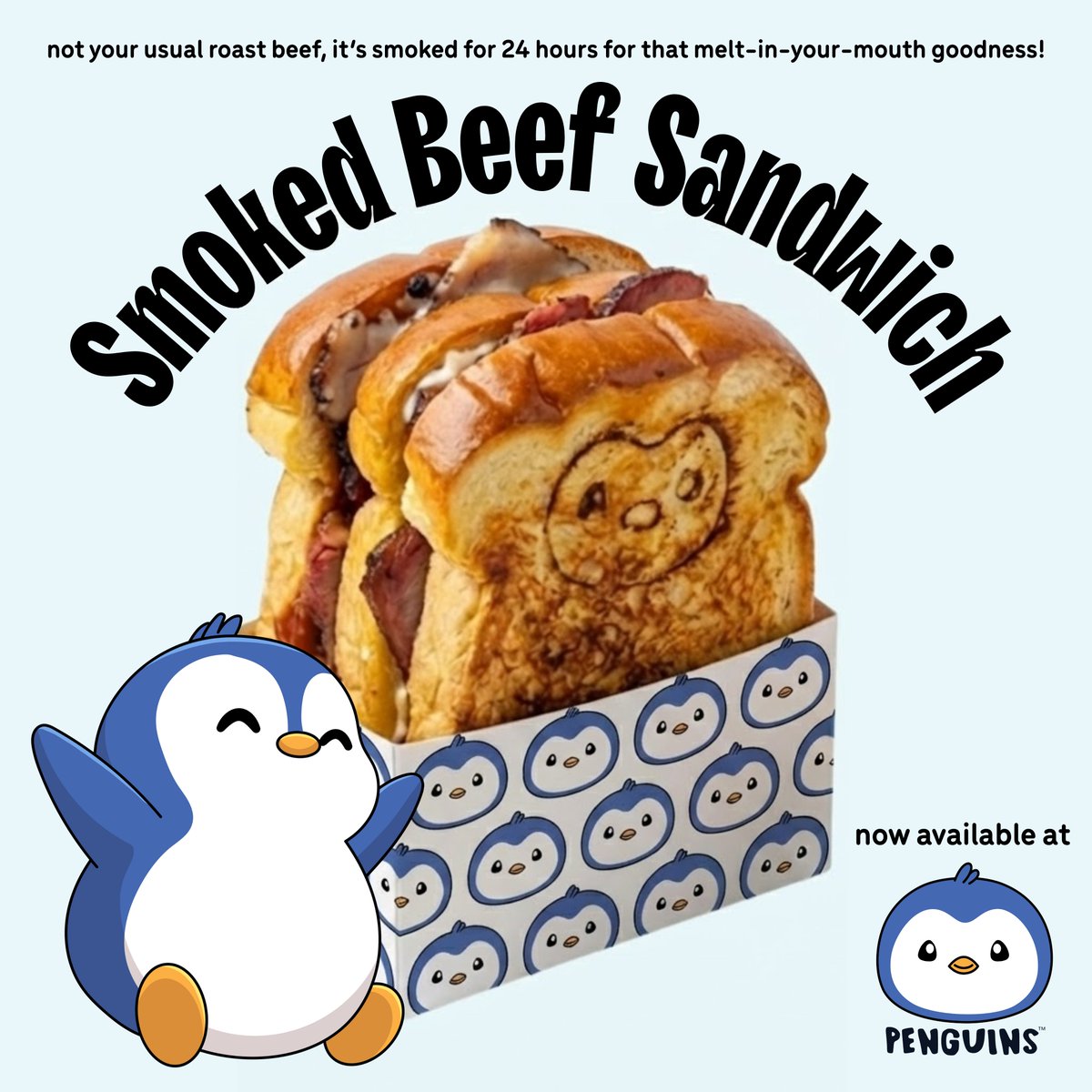 Introducing our newest obsession: The Smoked Beef Sandwich! 🥪🤤 Not your usual roast beef, this one is smoked for a full 24 hours for that irresistible melt-in-your-mouth goodness. Served on cute penguin-toasted brioche bread. 🐧 Get yours now at <a href="/PenguinsCafe_/">Penguins Café</a>! 📍