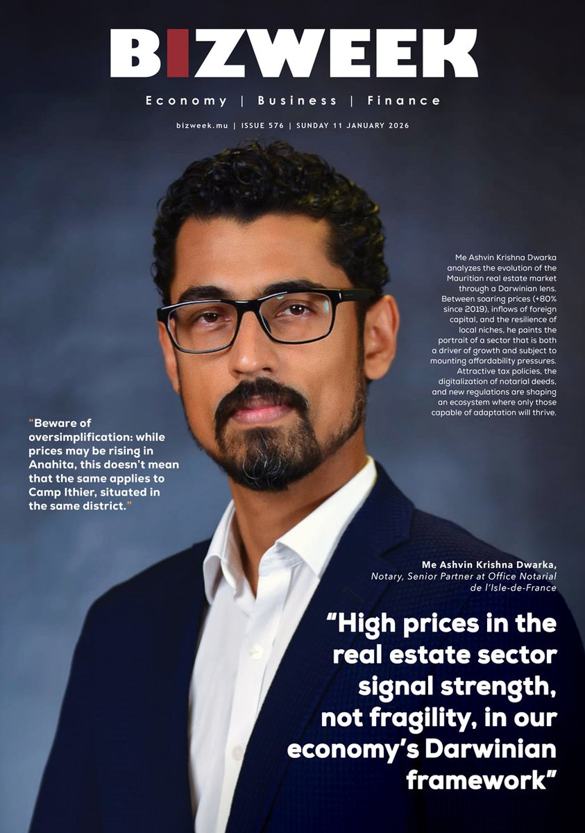 bizweekmu's tweet photo. High prices in the real estate sector signal strength, not fragility, in our economy’s Darwinian framework - Me Ashvin Krishna Dwarka, Notary, Senior Partner at Office Notarial de l’Isle-de-France. @NotaireDwarka 

📖Full article: https://t.co/VxzqC0H0Ro

#BIZweek #Mauritius https://t.co/33aFYac1aQ