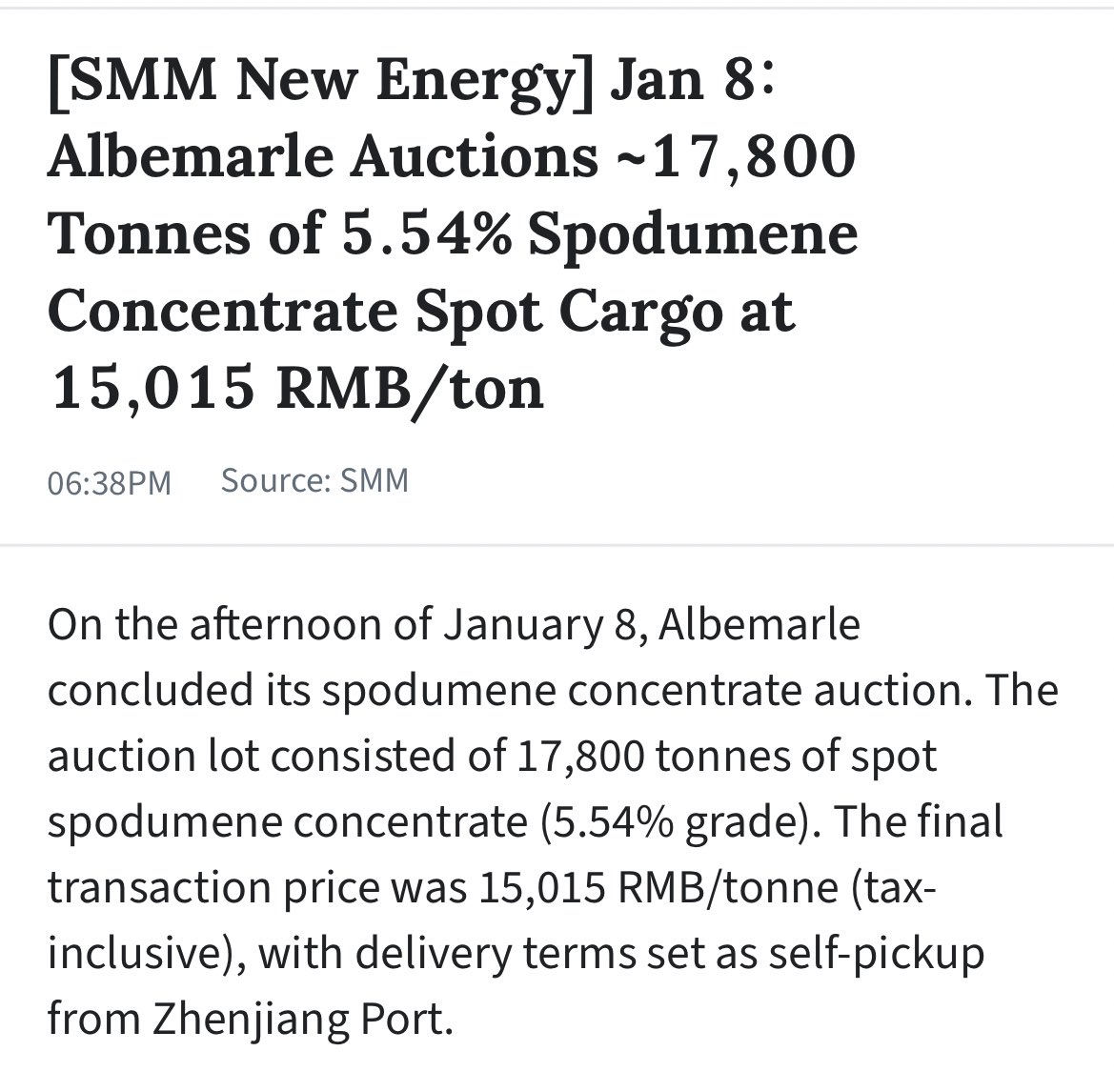 Aliceingeoland's tweet photo. Lithium price flying. Abermarle latest auction. 

15015RMB = USD$2150 😮 

#lithium #commodity #money https://t.co/vTdXfwhKAe
