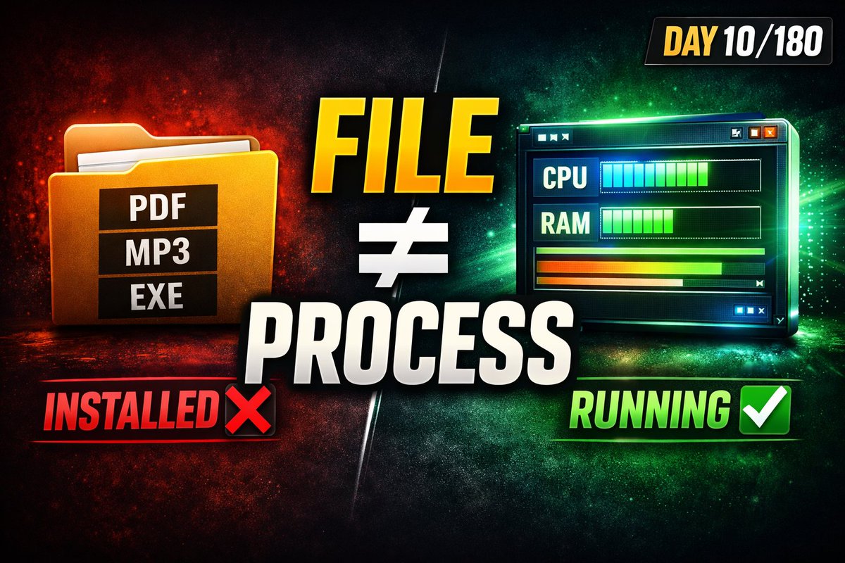 moteeullahazmi's tweet photo. You installed an app…
but your computer is still doing NOTHING ❌
Because File ≠ Process.
If this concept is unclear, OS, RAM, CPU will always confuse you.
Watch Day 10 👇
https://t.co/cgYdI382ei
#ComputerBasics #BuildInPublic #180DaysOfCode https://t.co/qSDCLf1uts