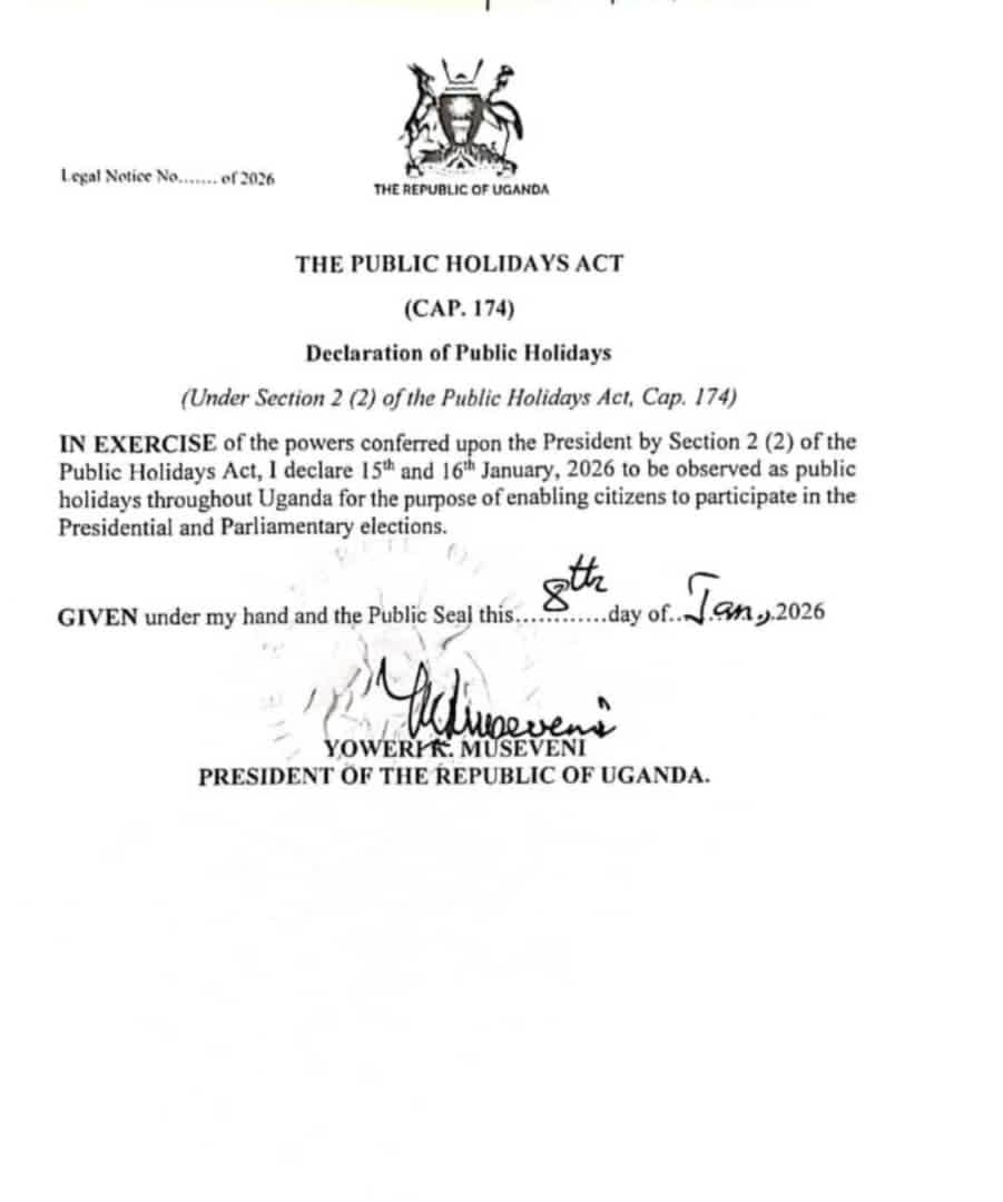 <a href="/GovUganda/">Government of Uganda</a>  has confirmed that the 15th &amp; 16th have been declared public holidays to allow citizens to participate in the electoral process. Ugandans have been encouraged to use the period to turn up&amp; cast their votes in the general elections,including for the presidential race.