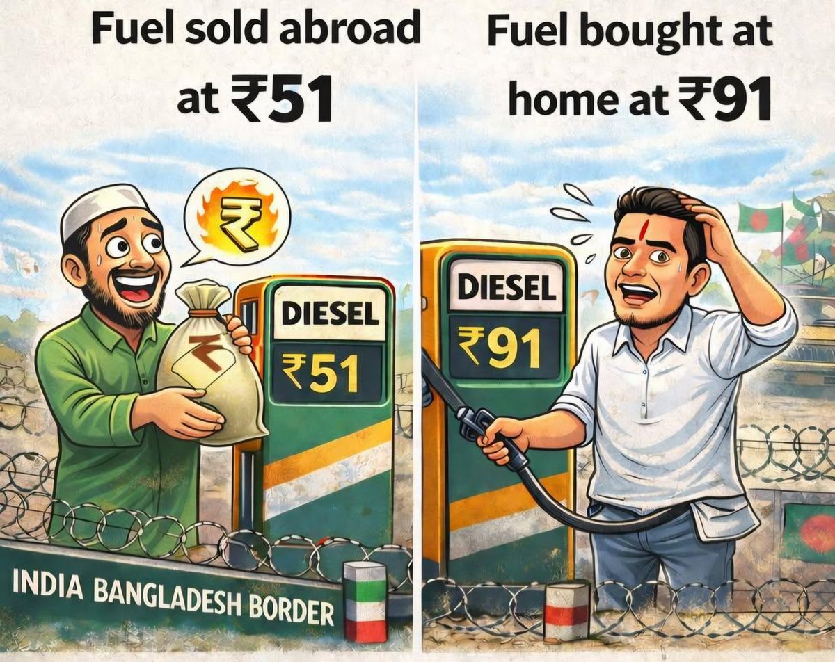 Gabbar0099's tweet photo. 'Hindu khatre mein hai' 🤡

Bangladesh gets Diesel from India at Rs. 52

India sells diesel to its citizens at 92 https://t.co/Ky6lzx8D2t