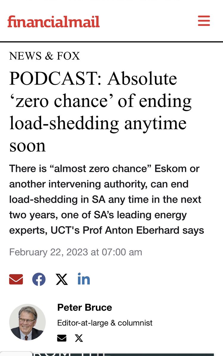 Always judge ‘experts’ by their track record:

‘There is “almost zero chance” <a href="/Eskom_SA/">Eskom Hld SOC Ltd</a> or another intervening authority, can end load-shedding in SA any time in the next two years, one of SA’s leading energy experts, UCT's Prof Anton Eberhard, .’  Financial Mail, 2023

Now it’s