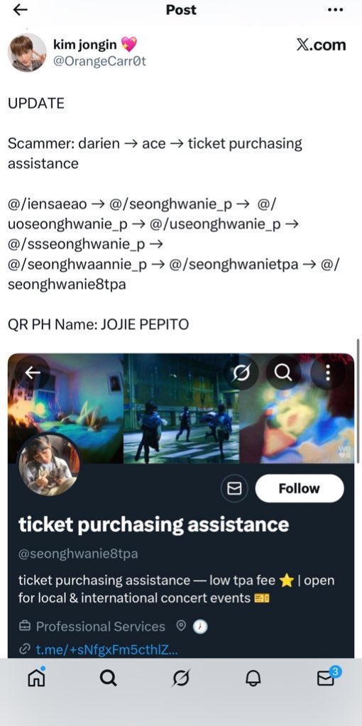 if you transacted with these accounts for NCT WISH MANILA, you've been scammed

you paid for fake tickets.

@/seonghwanieltpa 
@/urfilonctzen
@/dizeeeynicart 
@/xeph0gwu
@/trustedgirlyy_

#OurWISH_MANILA