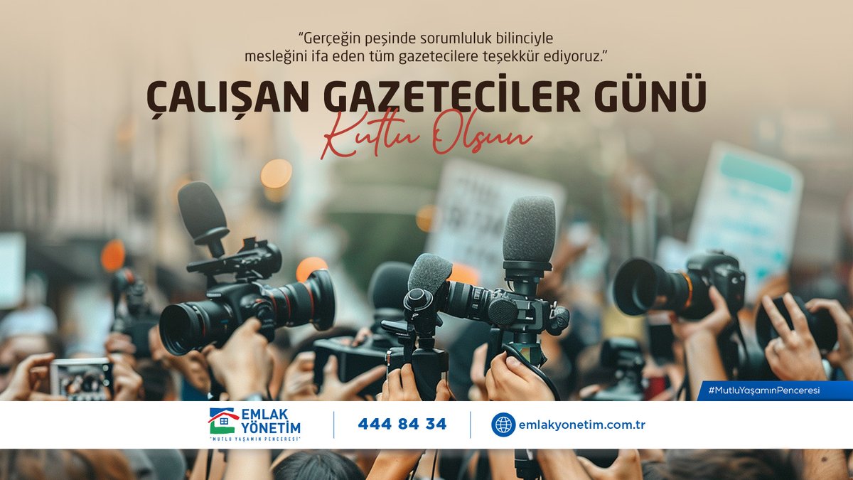 EmlakYonetim's tweet photo. 📰 Çalışan Gazeteciler Günü kutlu olsun.

Gerçeğin peşinde sorumluluk bilinciyle mesleğini ifa eden tüm gazetecilere teşekkür ediyoruz.

#EmlakYönetim #MutluYaşamınPenceresi #ÇalışanGazetecilerGünü https://t.co/H47d4xTuC3