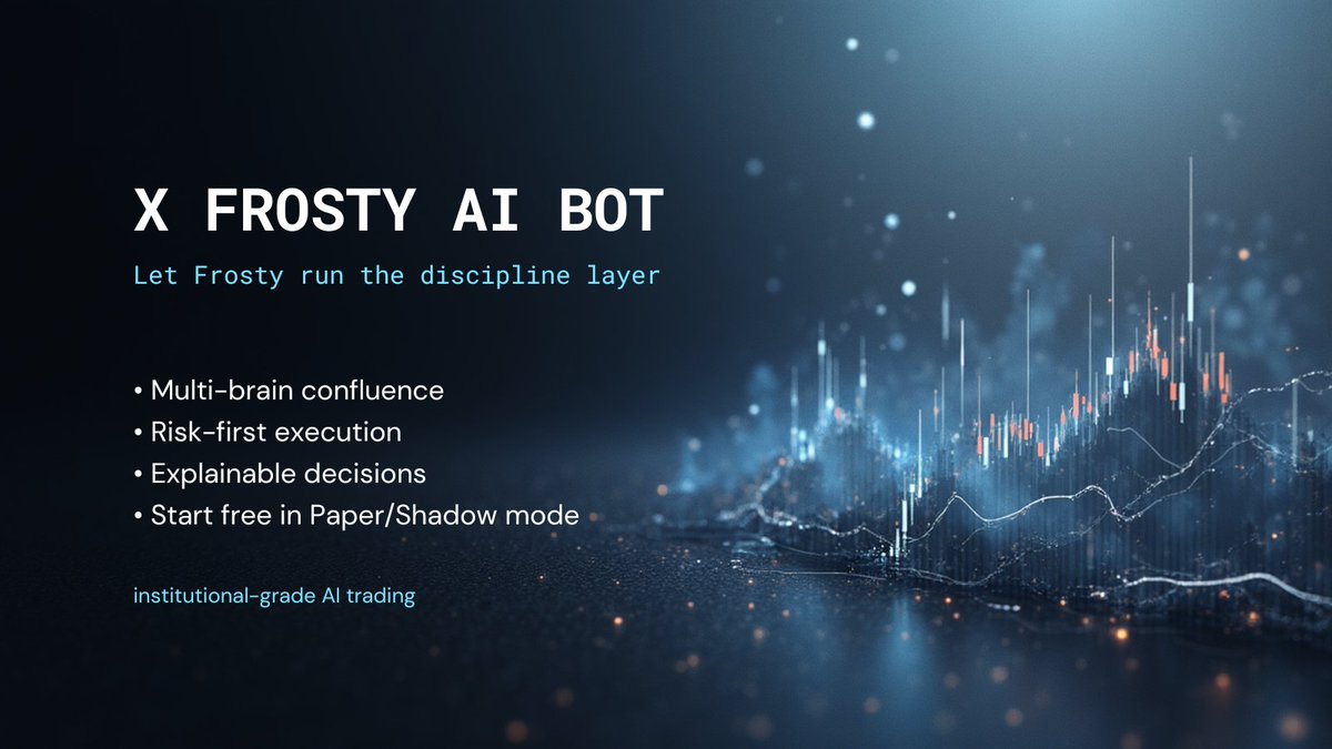 Xfrostystudio's tweet photo. X FROSTY AI BOT is built for one thing: discipline.  • Multi-brain confluence (regime, structure, indicators) • Risk guardrails before execution • Performance &amp; execution quality audit  Let Frosty run the discipline layer. #Trading #Forex #crypto #FinTech #AlgoTrading https://t.co/kkdXQ5wxbu
