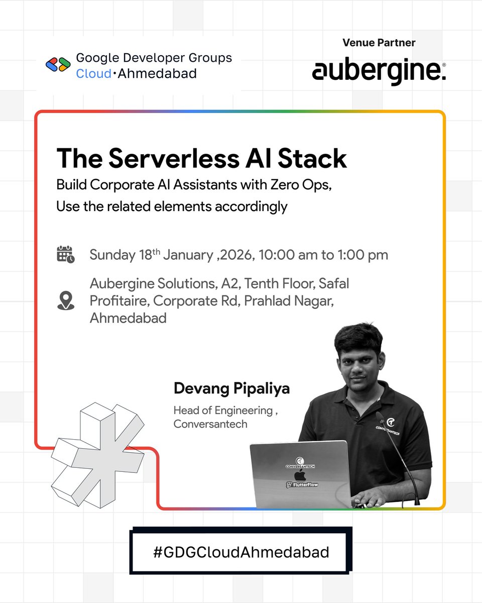 GDGCloudAhm's tweet photo. The Serverless AI Stack Build Corporate AI Assistants with Zero Ops by Devang Pipaliya , Head of Engineering @conversantech 

💻 Hands-on workshop with session— pls bring your laptop!

🎟️ Register now : https://t.co/g8u5Csu3el

#GDGCloudAhmedabad #GoogleCloud #GenAI #VertexAI https://t.co/bxWjjVO1wB