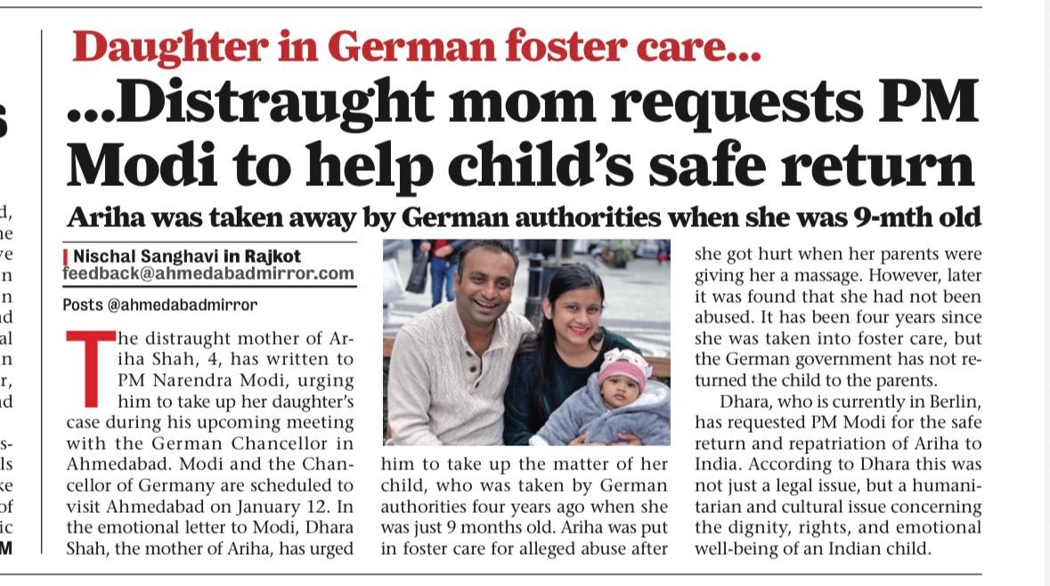 Anekantwadi's tweet photo. India appeals to the German chancellor @_FriedrichMerz to repatriate Ariha shah, 
An Indian baby who was taken away by German authorities when she was just a few months old 
@PMOIndia @bundeskanzler 
@KanzlerScholz 
Distraught Mom requests PM to help the child's return !