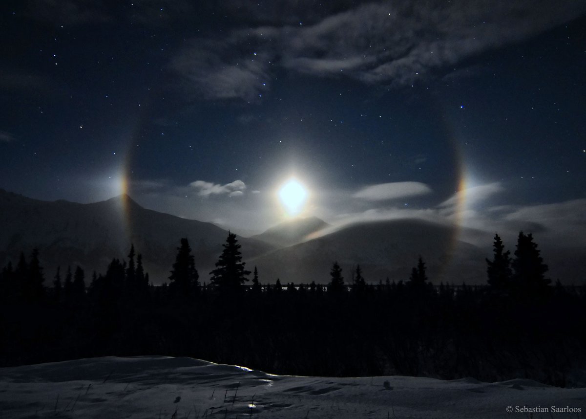 FNGhadaki's tweet image. In the pictures both Moon and Sun are surrounded by a more commonly seen 22 degree circular halo.
Bright and sometimes colorful patches at the intersections of the 22 degree circular halos with the indicated parselenic and parhelic arcs are also known as #MoonDogs and #SunDogs.