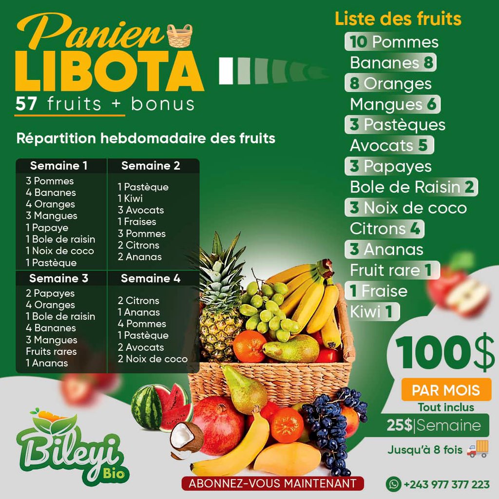 bileyibio's tweet photo. 🧺🥑🍋🥥 PANIER LIBOTA – 230 000 FC 🍅🍌🍉🥝 (Famille et Restaurant moyen)

L’équilibre parfait pour les familles et restaurants de taille moyenne 🍍🥬

🚚 Livraison fiable
📦 Quantités ajustables
💰 230 000 FC – toutes charges incluses. https://t.co/HSuV3sVHd8