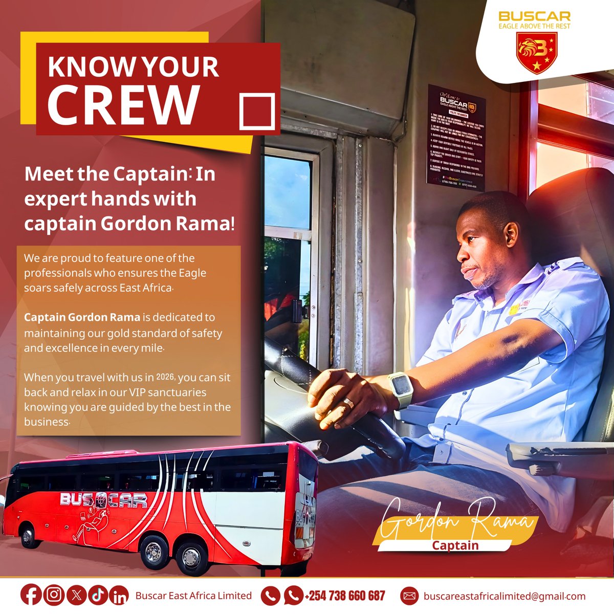Buscar_EA's tweet photo. IN EXPERT HANDS WITH CAPTAIN GORDON RAMA! π¨ββοΈπ¦
Meet one of the professionals ensuring the Eagle soars safely across East Africa.
Captain Gordon is dedicated to our gold standard of safety and excellence in every mile.
π Call: +254 738 660 687
#KnowYourCrew #BuscarEastAfrica https://t.co/n2xDDJPnvw