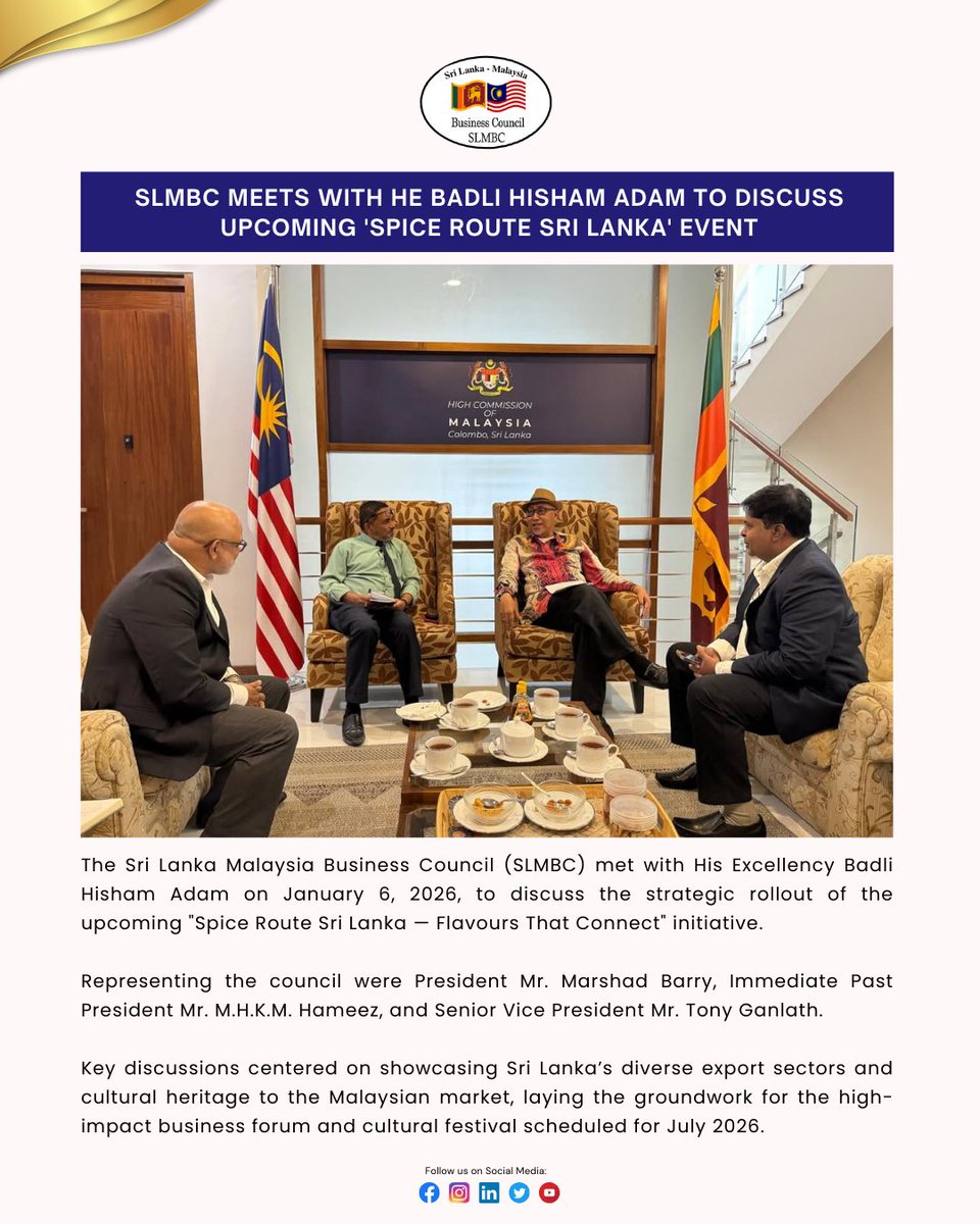 slmbcouncil's tweet photo. SLMBC Meets with HE Badli Hisham Adam to discuss upcoming 'Spice Route Sri lanka - Flavours that Connect' event

#SLMBC #SriLanka #Malaysia #Business #Investment #BiltateralTrade https://t.co/pQawA3mg1N