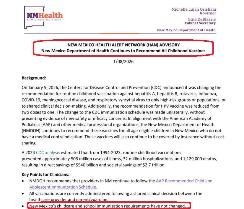 SarahSmithNM's tweet photo. 💉👶😲BREAKING: ATTN PARENTS: MORE IMPACTS OF NM'S NEW VACCINE LAW! NM Governor Lujan Grisham's Dept of Health has REJECTED NEW GUIDANCE from the CDC and refuses to decrease the number of required vaccines for NM children. 

👀👀👀Under Robert F Kennedy Jr, the CDC recently REDUCED ❌❌❌ the number of recommended vaccines for children from 18 to 11. The new guidance is in alignment with scientific consensus of peer countries. 

Under NM's new SB3 vaccine law, the Department of Health is no longer relying on the Federal recommendations to determine NM's vaccination recommendations and requirements.  Thus, even though the CDC has removed 7 vaccines from the recommended list, the NM Department of Health has refused to make this change and will not update the vaccine requirements for NM children. 😩😩😩 

🧐🧐🧐Hepatitis A, Hepatitis B, and Meningococcal vaccines will still be required for NM children, even though the CDC is no longer recommending these for all children. All three of these vaccines contain aluminum, which is a potent neurotoxin!  Furthermore, a study comparing long-term health outcomes found a 250% increase in chronic diseases in vaccinated children compared to unvaccinated children, with greatly increased rates of "asthma, atopic disease [allergies], eczema, autoimmune disease and neurodevelopmental disorders [such as ADHD, developmental delay, speech disorders, etc]."

The NM Department of Health is PUTTING CHILDREN AT RISK by refusing to follow Federal guidance. LEARN MORE HERE 👇👇👇: https://t.co/nLKI4uhZWK

🎯🎯🎯PARENTS: KNOW YOUR RIGHTS! Even though the NM Dept of Health refuses to update the vaccine requirements for NM children, exemptions are still allowed by state statute. We have guidance for obtaining vaccine exemptions here:
https://t.co/MXvjzEWZYy

@ThorntonforNM @Lord4NM @DefendingEd @libsoftiktok @dowfornm @BenLuna4US
@paul_s_martin76 @nmx575 @RepBlock
@ElectJayCBlock @NMSenate_GOP @NMHouseGOP
@NewMexicoGOP @RamonaG554378 @YvetteNary
@Better2GetherNM @RealFFU @ConceptualJames
@unopablocy60 @LoganLancing @Xalvinlui
@Jenn_McW @iamlisalogan @CourageHabit