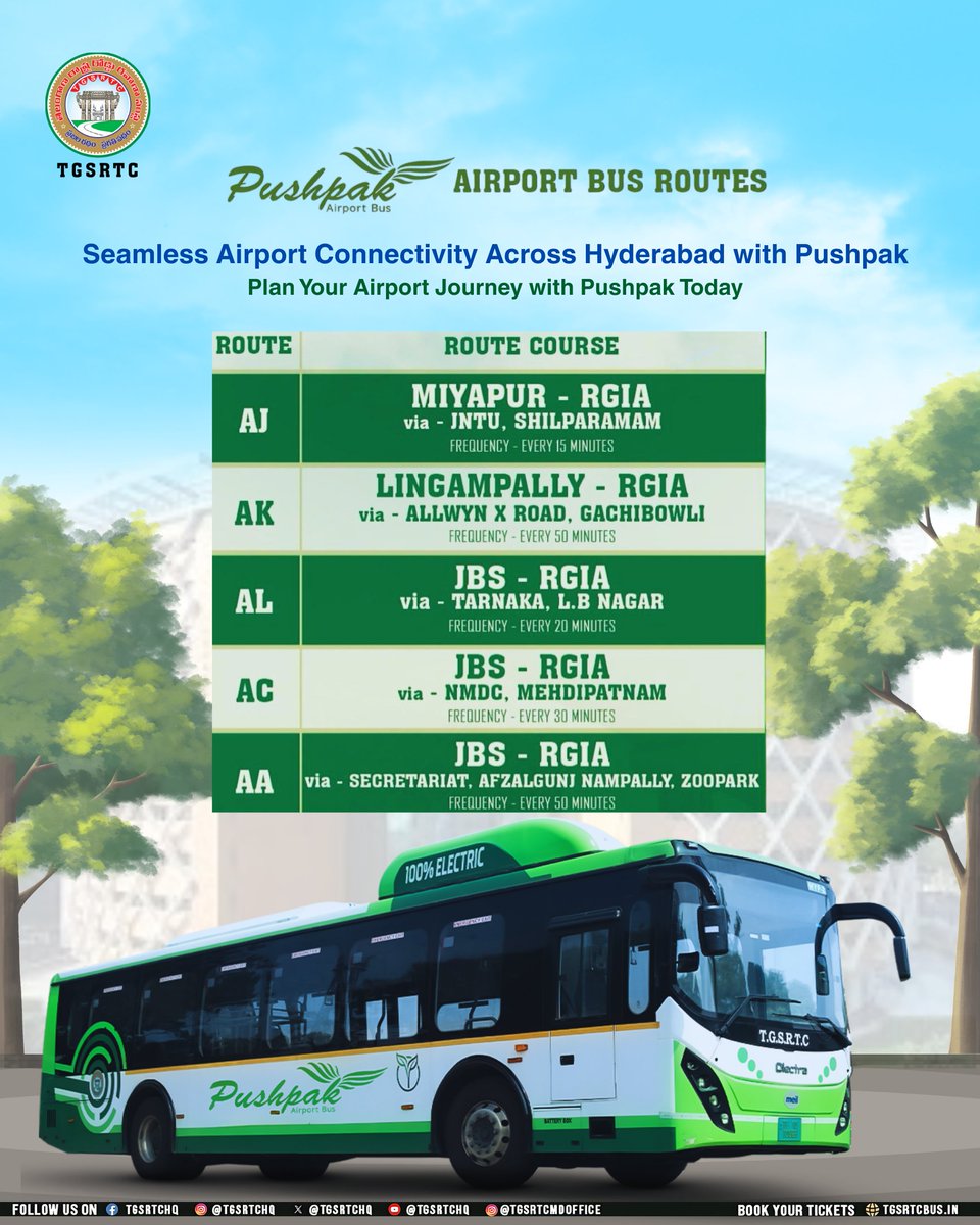 TGSRTCHQ's tweet photo. ✈️Pushpak Airport Bus has Hyderabad covered! 🚍
Easy, frequent &amp; eco-friendly travel from across Hyderabad to RGIA.
Save time. Travel comfortably. Choose Pushpak!

#PushpakAirportBus #RGIA #HyderabadTravel #TGSTRTC https://t.co/d2bmBQXqDo