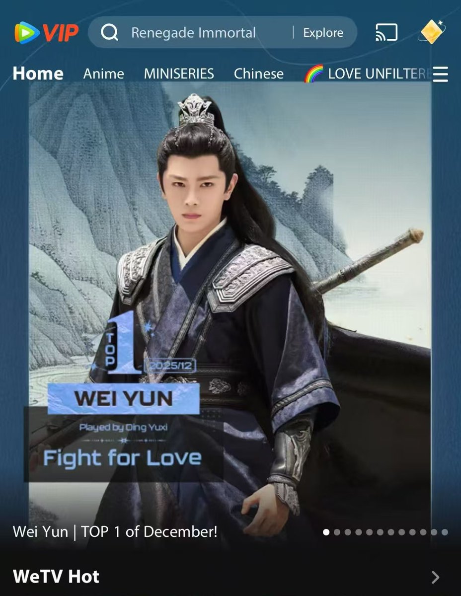 🎉 Congrats to YuXi for taking No.1 on WeTV’s Global Overseas Favorite Character ranking as Wei Yun in Fight For Love.

A Jinjiang-style performance loved by viewers worldwide, topping international charts and resonating across cultures.

#DingYuXi #RyanDing #丁禹兮 #FightForLove