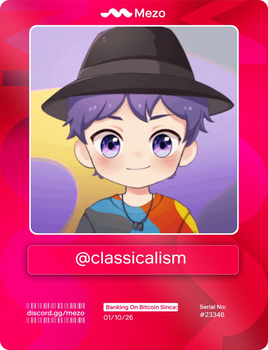 classicalism's tweet image. Claimed my @MezoNetwork Bankcard.

Early access to The Bitcoin Banking Experience.

Get yours at the #bankcard channel 👉 discord.gg/mezo
