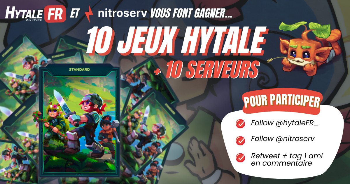 HytaleFR_'s tweet image. 🎁CONCOURS🎁
On vous fait gagner 10 PACKS avec le JEU HYTALE + 1 SERVEUR OFFERT (1 mois) avec notre partenaire Nitroserv 🎉 
🔸 Follow @HytaleFR_ 
🔸 Follow @nitroserv 
🔸 Retweet et tag l'ami avec qui tu as envie de jouer
Tirage au sort le 13/01/2026 pendant notre live chez Pump