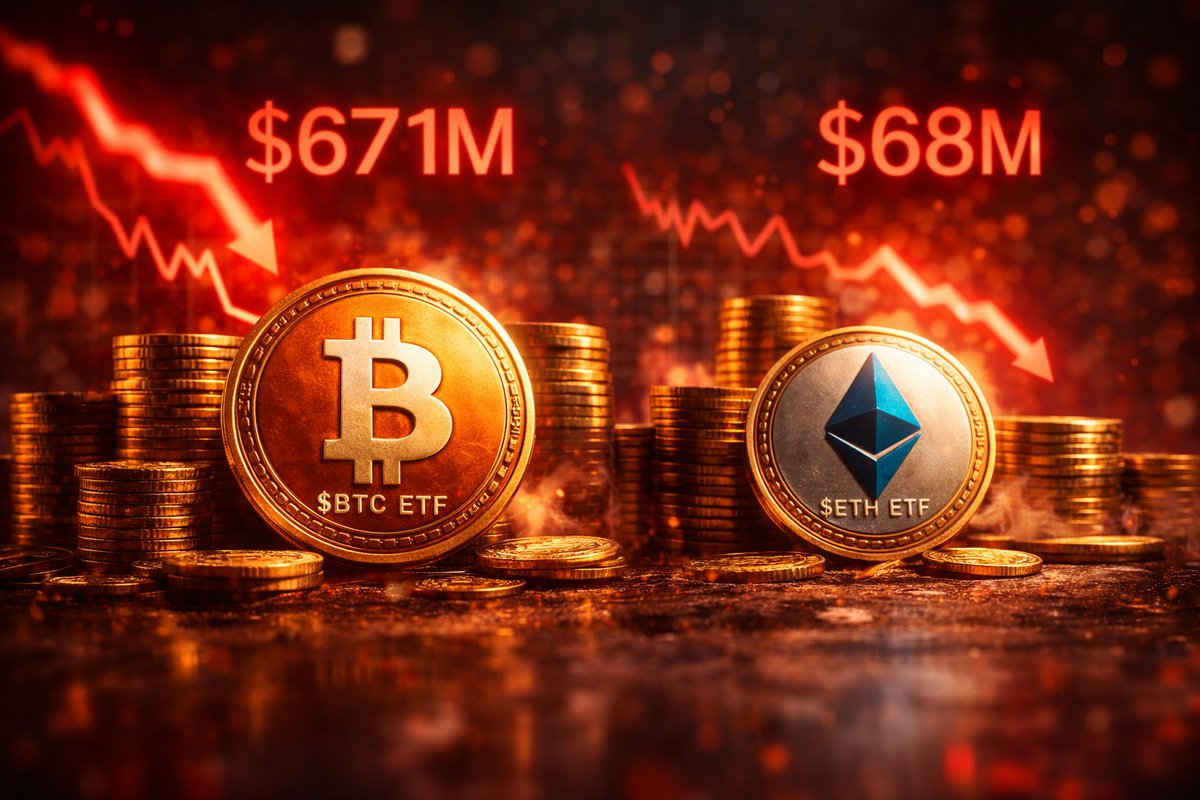 ETF FLOWS DIVERGE AS BITCOIN BLEEDS $672M WHILE ETH OUTFLOWS STAY MUTED  Bitcoin spot ETFs saw a sharp $671.9M in net outflows this week, dwarfing Ethereum  ETF outflows of just $68.6M. This
