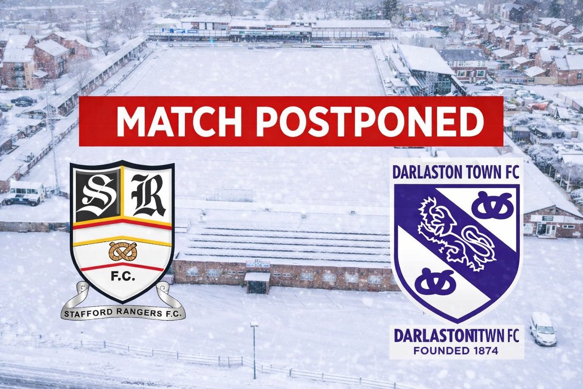 SRFCofficial's tweet image. MATCH OFF:
We are sorry to inform you that after a Referee’s Inspection this morning today’s game against Darlaston Town is cancelled due to a frozen pitch which is not playable . The car park is also frozen.

This game will obviously be re-arranged  and we will advise in due…