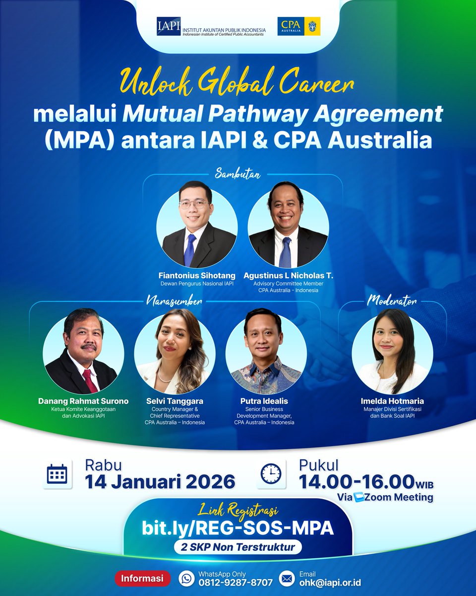 iapi_official's tweet image. IAPI menjalin kerja sama strategis dengan CPA Australia melalui MPA, membuka jalur pengakuan global bagi pemegang CPA Indonesia menuju kualifikasi CPA Australia.

📍 Via Zoom
🎟 Gratis
 🎓 Mendapatkan 2 SKP tidak terstruktur
🔗 bit.ly/REG-SOS-MPA (Khusus Anggota IAPI)