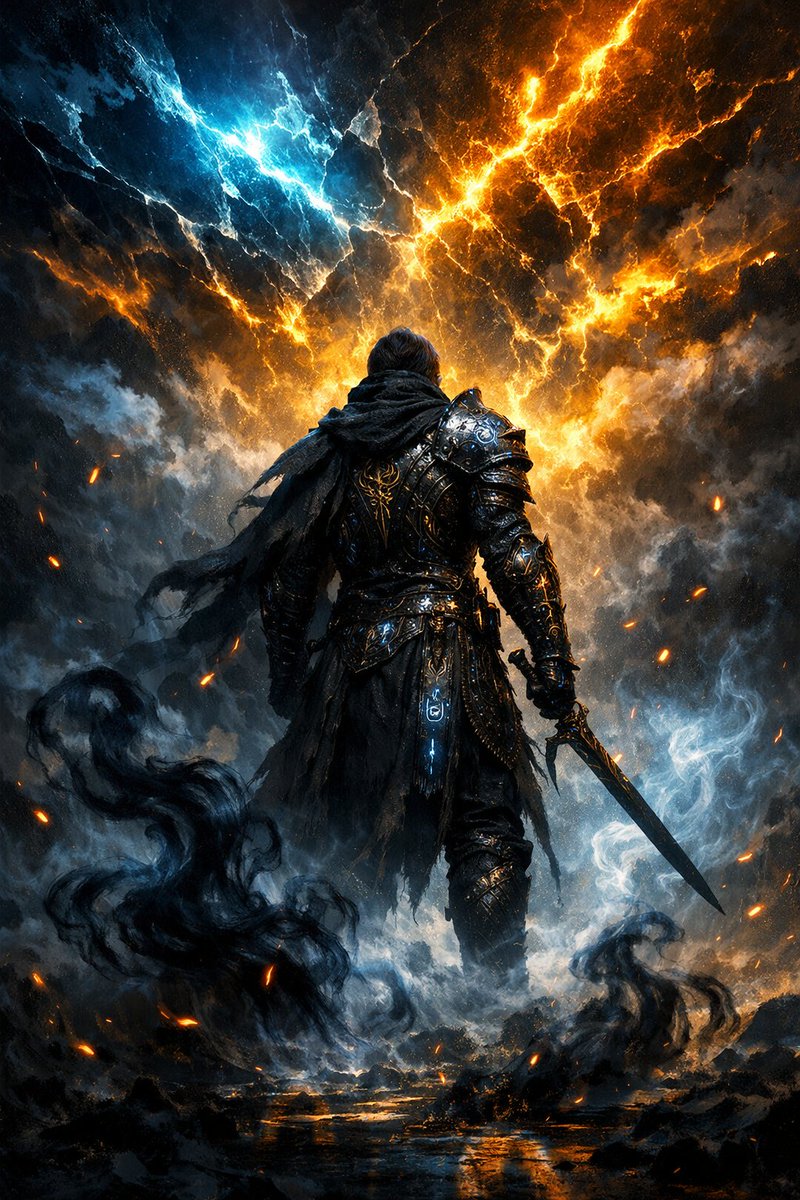 TheFinalBossAI's tweet photo. Same prompt different models. Which is best?
In order Midjourney, GPT 1.5, Nano Banana Pro & Grok. 
Prompt was :-
A lone warrior stands beneath a fractured sky of neon blues and molten gold, armor etched with ancient runes glowing through drifting mist. Ethereal shadows coil like spirits at their feet, embers suspended midair in a cinematic still. Ultra-detailed, high-contrast lighting, rich saturated colors, dramatic composition—mysterious fantasy concept art with a premium, AAA quality feel, razor-sharp focus, epic cinematic mood, 8K ultra-high resolution, masterpiece-level detail.