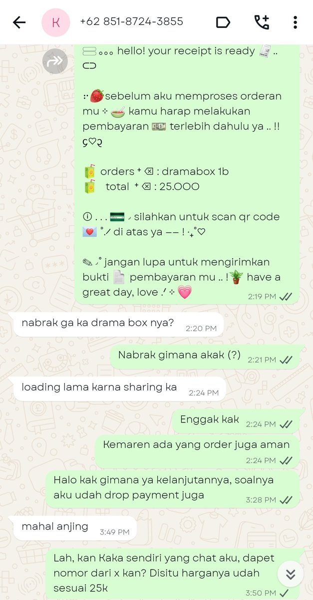 ayastorvy's tweet image. SPILL RUDE BUYER ⚠️‼️ dia tetiba misuh pas aku rechat, karena dia udah anggurin chatku dahal udah drop payment, dan aku sudah ijin ke dia buat drop, tapi malah jawabannya begini : 
wa.me/6285187243855
+62 851-8724-3855
#zonauang #zonajajan