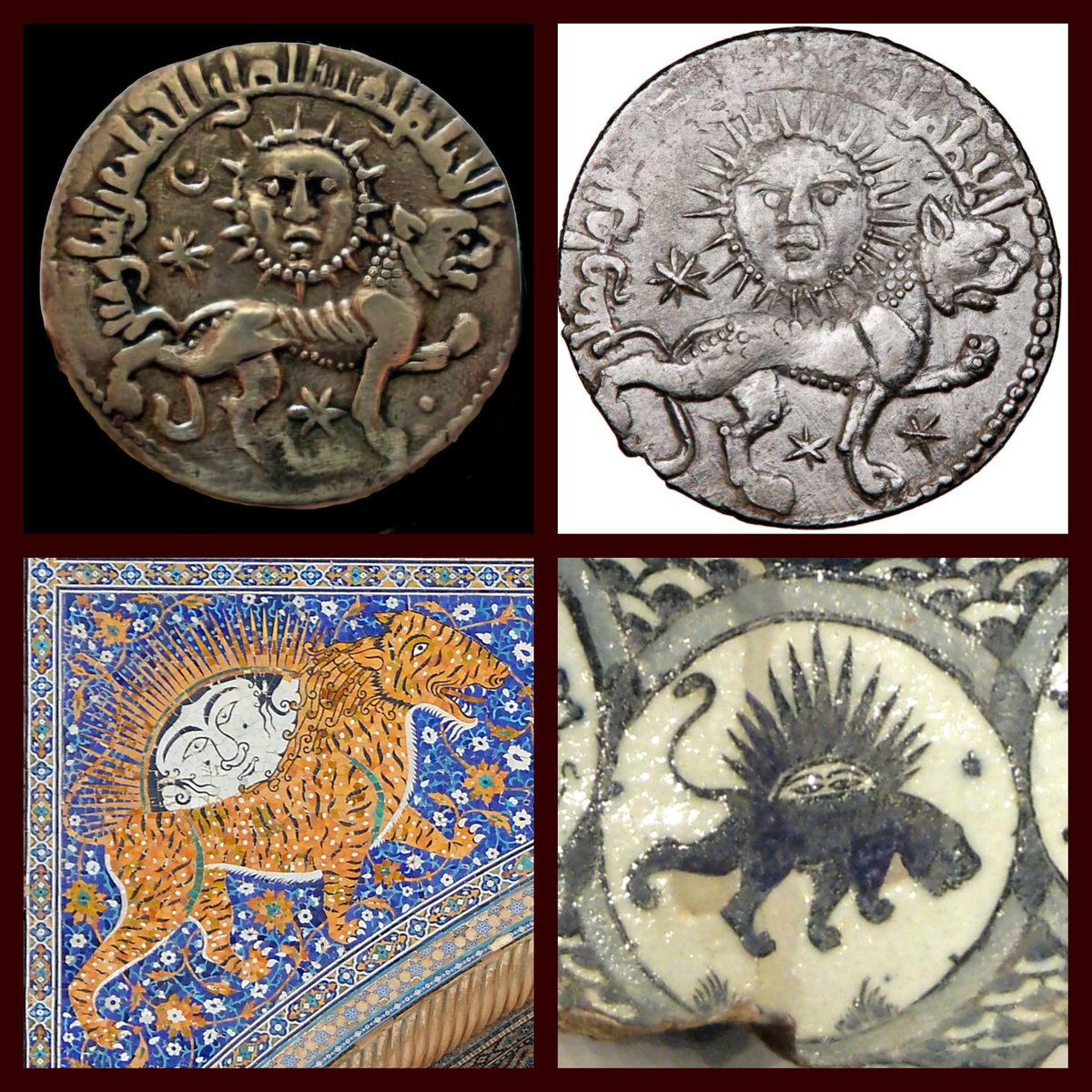 Aslan ve Güneş...
Bu iki figürün birlikte ikonografik olarak işlenmesi, Türk uygarlığının bir ürünü. İlk kez Selçuklu ile ortaya çıkıyor, İlhanlı-Moğol ve Özbek-Babür devirlerinde kullanılıyor, Safevi devrinde bayraklaşıyor, Kaçar Türkleri ise aslana ilk kez kılıcı ekliyor. Her