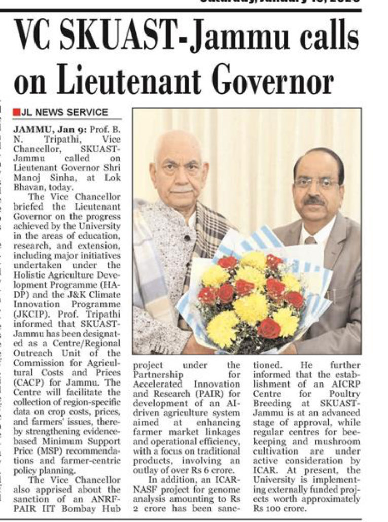 CellSkuast's tweet photo. Prof. B. N. Tripathi, Vice Chancellor, SKUAST–Jammu called on Lieutenant Governor Shri Manoj Sinha, at Lok Bhavan, today###Vice Chancellor briefed the Lieutenant Governor on the progress achieved by the University in the areas of education, research and extension### https://t.co/zMxGfWKNst