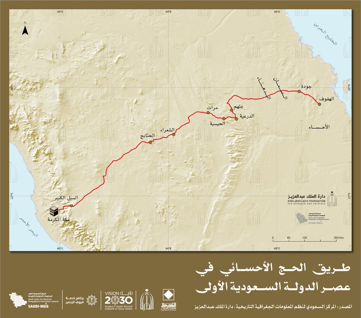HTHM_KSA's tweet photo. خريطة تبيّن طريق الحج الأحسائي مرورًا بالدرعية في عصر الدولة السعودية الأولى، وهو من أهمّ طرق الحج التي كانت تشرف عليها الدولة السعودية، وكان يسلكه عادة حجاج الشرق من مناطق الخليج العربي المختلفة وفارس والعراق.
وبلغ عدد قافلة الحج في هذا الطريق عام 1215هـ (1801م) أكثر من عشرين ألف حاج.

#تاريخ_الحج_والحرمين_الشريفين