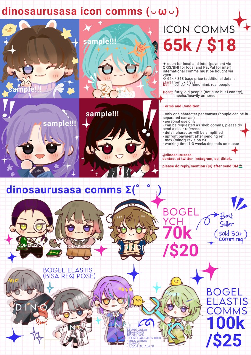 shares r appreciated! 
✦ dinosaurusasa's comms is open! ✦

🛒Local slot bogel (0/5), bogel elastis (2/5), icon (0/5). Cetak komis cek reply
🛍International slot can be checked via vgen (🔗on reply/profile) 

#commstwt #artidn #commissionsopen