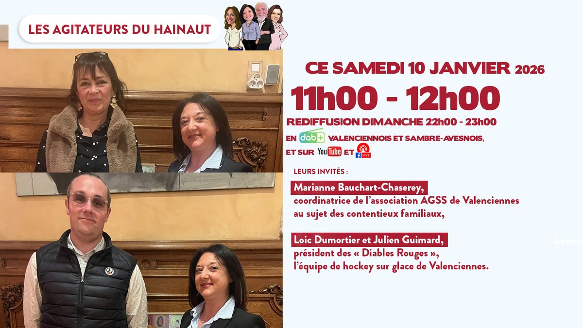 Les Agitateurs du Hainaut
Avec Marianne Bauchart-Chaserey, coordinatrice de l’association AGSS de Valenciennes au sujet des contentieux familiaux,
Et Loic Dumortier, président des « Diables Rouges », l’équipe de hockey sur glace de Valenciennes.
cno-radio.fr/podcast-cno-11…