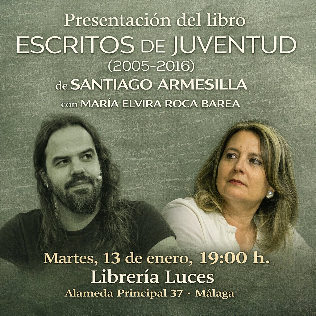 #Málaga, nos vemos este #Martes 13 de #enero en la <a href="/librerialuces/">Librería Luces</a>, Alameda Principal 37, a partir de las 19:00 pm. Presentaré "Escritos de Juventud (2005-2016)" junto a mi querida María Elvira Roca Barea. Les esperamos 💪 #libros #armesilla #filosofia #politica