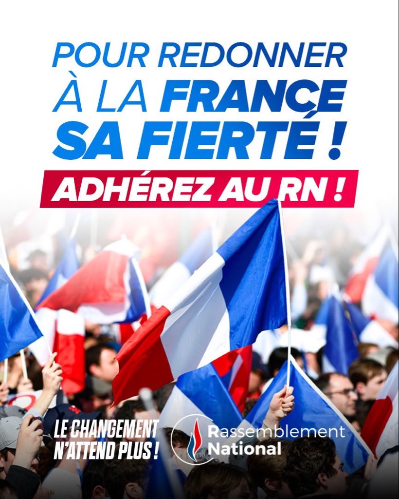 🔵 Seul le RN redonnera à la France sa fierté !

Voilà trop longtemps que nos dirigeants ont cessé de croire en la grandeur française, ont affaibli sa voix dans le monde et plongé le pays dans une crise économique, démocratique et sécuritaire.

Nous referons de la France ce grand