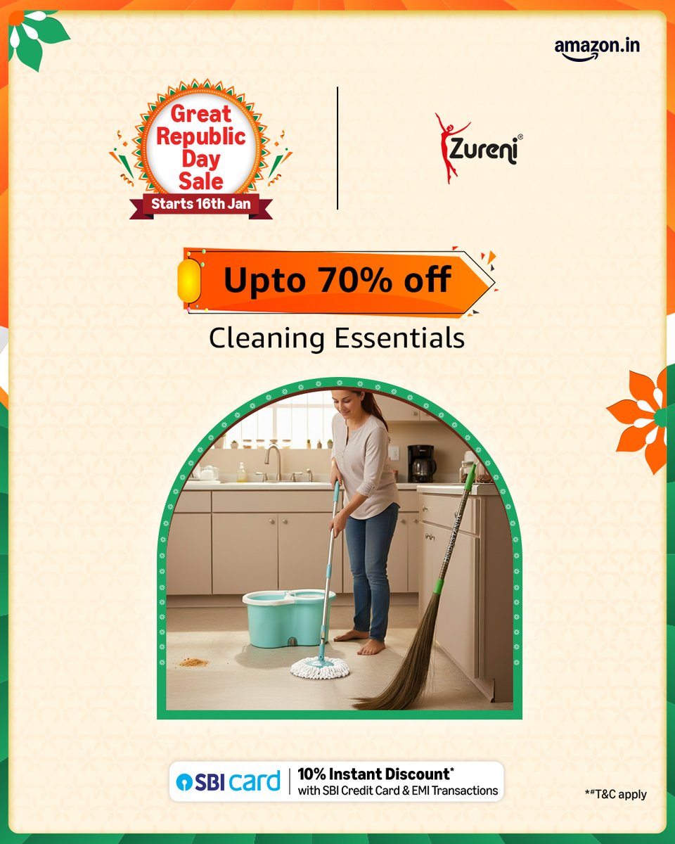 ZureniStore's tweet photo. The countdown begins! Find our brand in Amazon’s Great Republic Day Sale with special deals coming your way.
🔥 Enjoy up to 70% OFF on home cleaning essentials
🗓️ Starts 16 January
📍 Shop on Amazon follow us @amazonhomeindia a and @zurenistore
#Zureni  #greatrepublicdaysale2026 https://t.co/790sQ6EDtp
