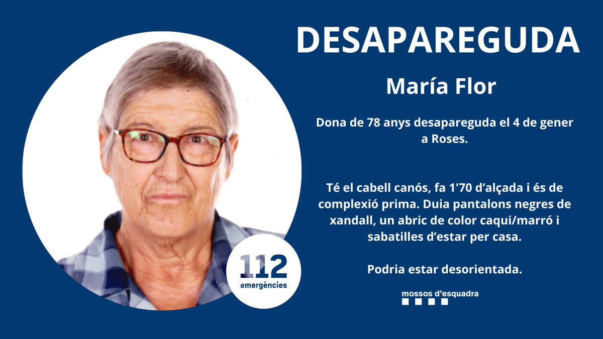 mossos's tweet image. La Maria Flor va desaparèixer el 4 de gener a Roses. Ajunda'ns a trobar-la